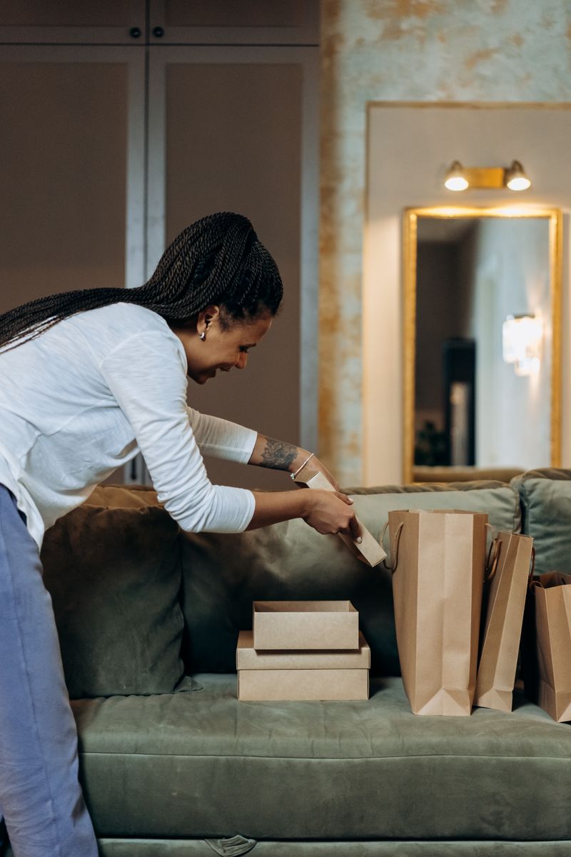 A woman opening a package at home